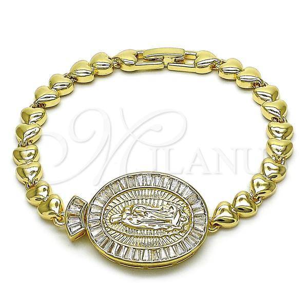 Oro Laminado Fancy Bracelet, Gold Filled Style Guadalupe and Baguette Design, with White Cubic Zirconia, Diamond Cutting Finish, Golden Finish, 03.97.0003.08