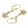 Oro Laminado Long Earring, Gold Filled Style Flower Design, with Multicolor Cubic Zirconia, Polished, Golden Finish, 02.213.0320.1
