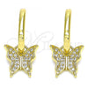 Oro Laminado Dangle Earring, Gold Filled Style Butterfly Design, with White Micro Pave, Polished, Golden Finish, 02.341.0041