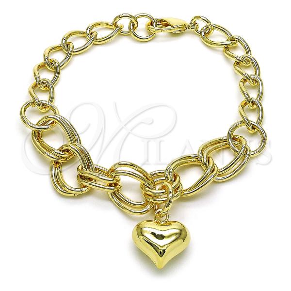 Oro Laminado Fancy Bracelet, Gold Filled Style Heart and Miami Cuban Design, Polished, Golden Finish, 03.331.0293.08
