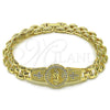 Oro Laminado Fancy Bracelet, Gold Filled Style Guadalupe and Cross Design, with White Cubic Zirconia, Diamond Cutting Finish, Golden Finish, 03.97.0004.08