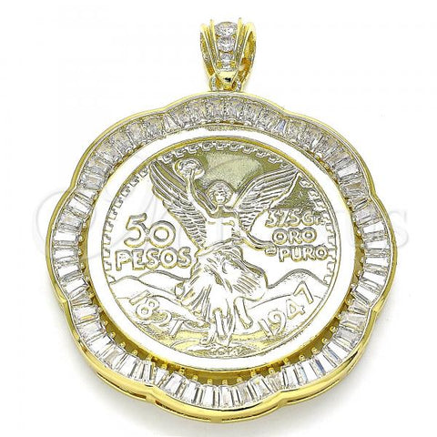 Oro Laminado Religious Pendant, Gold Filled Style Centenario Coin and Angel Design, with White Cubic Zirconia, Polished, Golden Finish, 05.253.0108