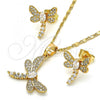 Oro Laminado Earring and Pendant Adult Set, Gold Filled Style Dragon-Fly Design, with White Cubic Zirconia, Polished, Golden Finish, 10.316.0034