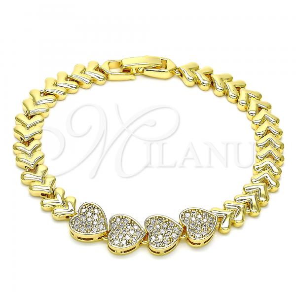 Oro Laminado Fancy Bracelet, Gold Filled Style Heart Design, with White Cubic Zirconia, Polished, Golden Finish, 03.283.0046.07