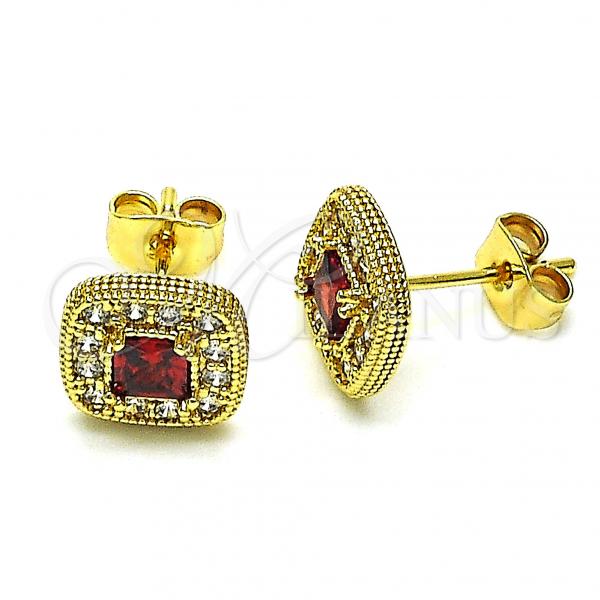 Oro Laminado Stud Earring, Gold Filled Style with Garnet Cubic Zirconia and White Micro Pave, Polished, Golden Finish, 02.344.0082.6