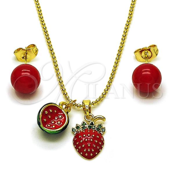 Oro Laminado Necklace and Earring, Gold Filled Style Strawberry Design, Red Enamel Finish, Golden Finish, 06.417.0020