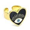 Oro Laminado Elegant Ring, Gold Filled Style Evil Eye and Heart Design, Black Enamel Finish, Golden Finish, 01.313.0002 (One size fits all)