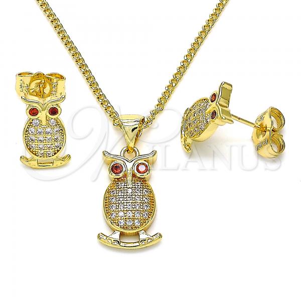 Oro Laminado Earring and Pendant Adult Set, Gold Filled Style Owl Design, with White Micro Pave and Garnet Cubic Zirconia, Polished, Golden Finish, 10.156.0375