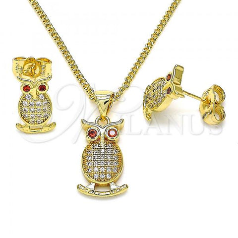 Oro Laminado Earring and Pendant Adult Set, Gold Filled Style Owl Design, with White Micro Pave and Garnet Cubic Zirconia, Polished, Golden Finish, 10.156.0375