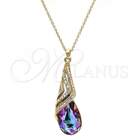 Oro Laminado Pendant Necklace, Gold Filled Style Teardrop and Rolo Design, with Heliotrope and Aurore Boreale Swarovski Crystals, Polished, Golden Finish, 04.239.0037.5.16