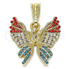 Oro Laminado Fancy Pendant, Gold Filled Style Butterfly Design, with Multicolor Crystal, Polished, Golden Finish, 05.351.0124