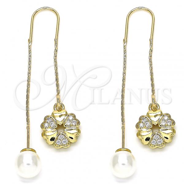 Oro Laminado Threader Earring, Gold Filled Style Flower and Heart Design, with White Micro Pave, Polished, Golden Finish, 02.210.0342