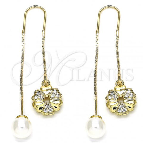 Oro Laminado Threader Earring, Gold Filled Style Flower and Heart Design, with White Micro Pave, Polished, Golden Finish, 02.210.0342