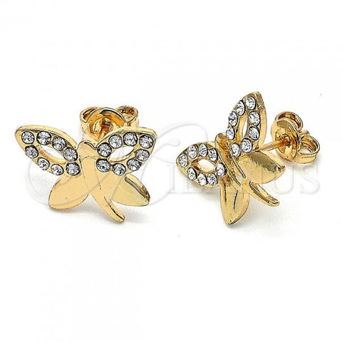 Oro Laminado Stud Earring, Gold Filled Style Butterfly Design, with White Crystal, Polished, Golden Finish, 02.59.0054