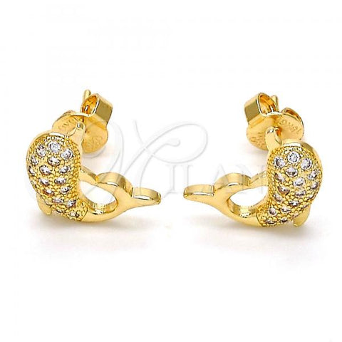 Oro Laminado Stud Earring, Gold Filled Style Dolphin Design, with White Micro Pave, Polished, Golden Finish, 02.195.0088