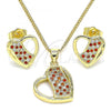 Oro Laminado Earring and Pendant Adult Set, Gold Filled Style Heart Design, with Garnet and White Micro Pave, Polished, Golden Finish, 10.199.0104.2