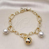 Oro Laminado Charm Bracelet, Gold Filled Style Rolo and Ball Design, with Ivory Pearl and White Cubic Zirconia, Polished, Golden Finish, 03.331.0264.09