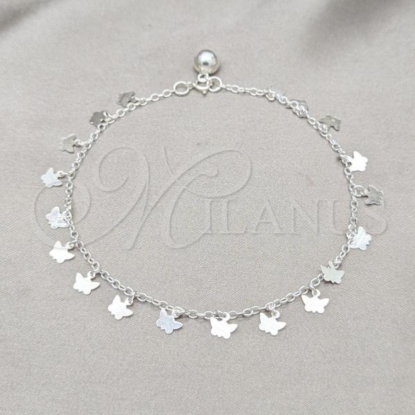 Sterling Silver Fancy Anklet, Butterfly Design, Polished, Silver Finish, 03.409.0067.10