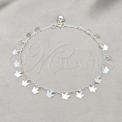 Sterling Silver Fancy Anklet, Butterfly Design, Polished, Silver Finish, 03.409.0067.10