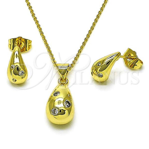 Oro Laminado Earring and Pendant Adult Set, Gold Filled Style Chunky Design, with White Cubic Zirconia, Polished, Golden Finish, 10.156.0492