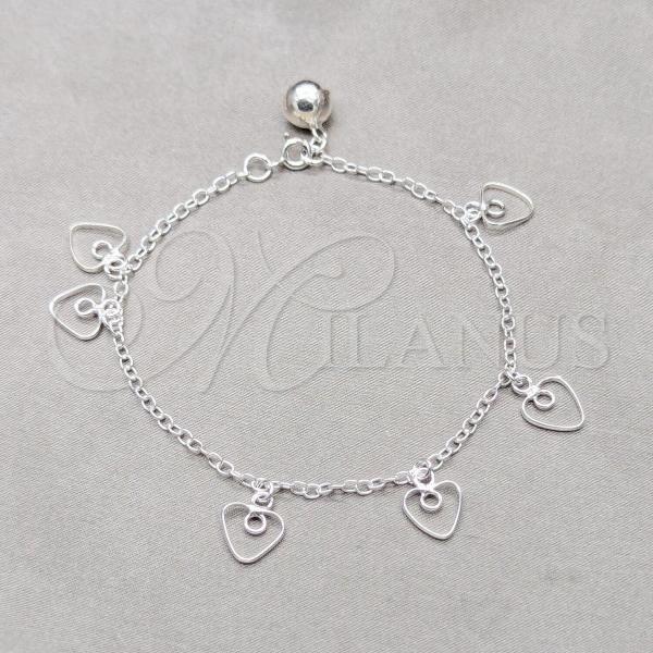 Sterling Silver Fancy Bracelet, Heart Design, Polished, Silver Finish, 03.409.0138.07