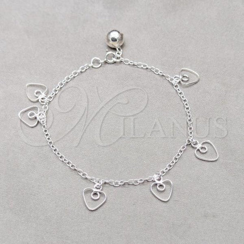 Sterling Silver Fancy Bracelet, Heart Design, Polished, Silver Finish, 03.409.0138.07