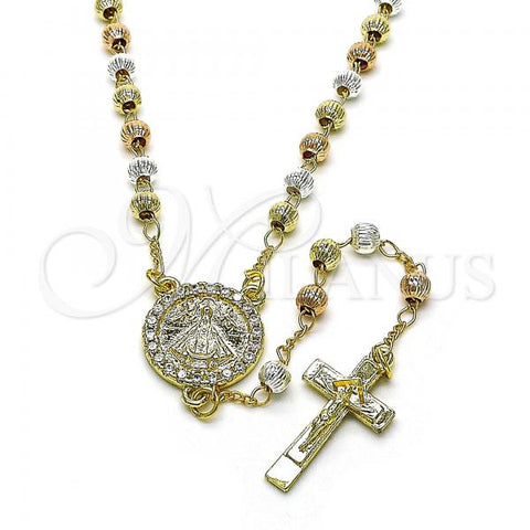 Oro Laminado Thin Rosary, Gold Filled Style Caridad del Cobre Design, with White Micro Pave, Diamond Cutting Finish, Tricolor, 09.253.0059.20
