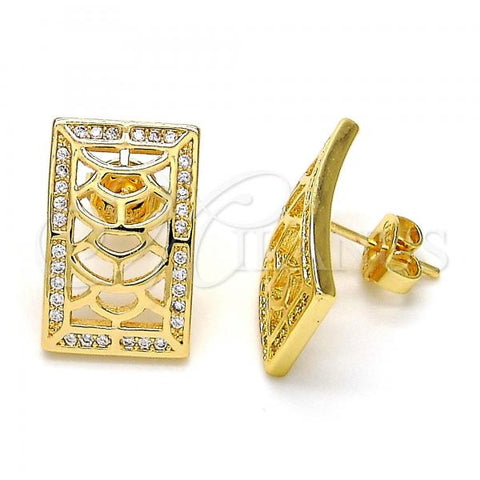 Oro Laminado Stud Earring, Gold Filled Style with White Micro Pave, Polished, Golden Finish, 02.195.0085