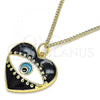 Oro Laminado Pendant Necklace, Gold Filled Style Evil Eye and Heart Design, Black Enamel Finish, Golden Finish, 04.313.0058.20