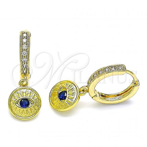 Oro Laminado Huggie Hoop, Gold Filled Style Evil Eye Design, with Blue Topaz Cubic Zirconia and White Micro Pave, Polished, Golden Finish, 02.368.0038.15
