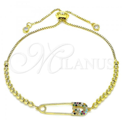 Oro Laminado Adjustable Bolo Bracelet, Gold Filled Style Ball Design, with Multicolor Micro Pave, Polished, Golden Finish, 03.313.0034.1.10