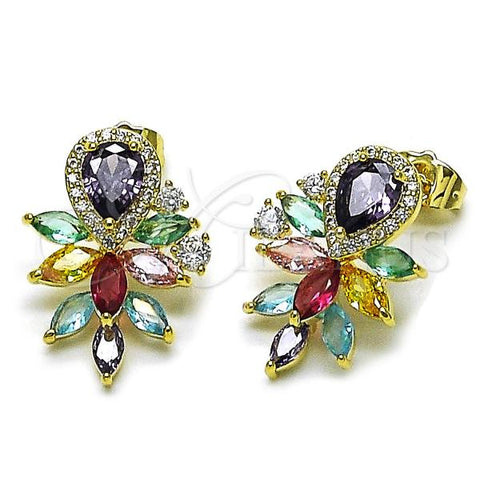 Oro Laminado Stud Earring, Gold Filled Style Teardrop and Cluster Design, with Multicolor Cubic Zirconia and White Micro Pave, Polished, Golden Finish, 02.436.0012