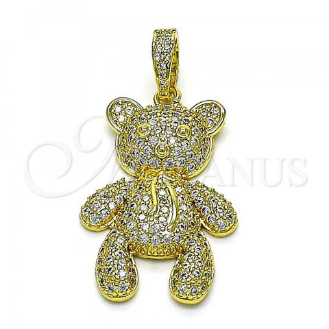Oro Laminado Fancy Pendant, Gold Filled Style Teddy Bear and Bow Design, with White Micro Pave, Polished, Golden Finish, 05.341.0061