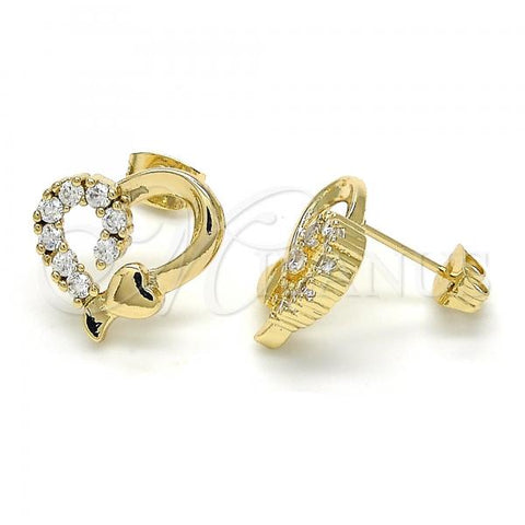 Oro Laminado Stud Earring, Gold Filled Style Heart Design, with White Cubic Zirconia, Polished, Golden Finish, 02.210.0103