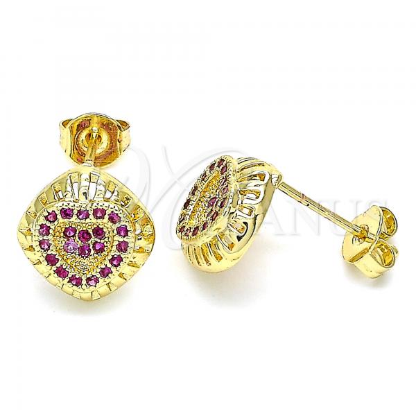 Oro Laminado Stud Earring, Gold Filled Style Heart Design, with Ruby Micro Pave, Polished, Golden Finish, 02.156.0472.1