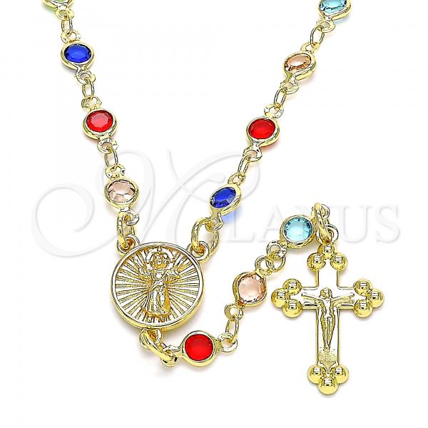 Oro Laminado Medium Rosary, Gold Filled Style Divino Niño and Crucifix Design, with Multicolor Crystal, Polished, Golden Finish, 09.326.0006.18