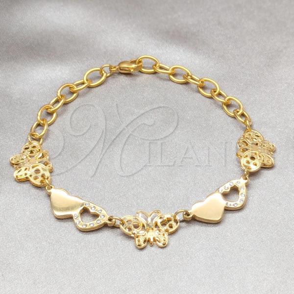 Stainless Steel Solid Bracelet, Butterfly and Heart Design, with White Crystal, Polished, Golden Finish, 03.63.22982.08