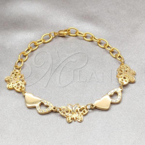 Stainless Steel Solid Bracelet, Butterfly and Heart Design, with White Crystal, Polished, Golden Finish, 03.63.22982.08