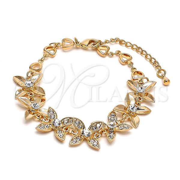 Oro Laminado Fancy Bracelet, Gold Filled Style Flower and Heart Design, with White Crystal, Polished, Golden Finish, 03.171.0052.07