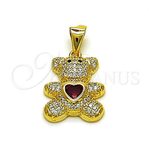 Oro Laminado Fancy Pendant, Gold Filled Style Teddy Bear and Heart Design, with White and Black Micro Pave, Polished, Golden Finish, 05.342.0181