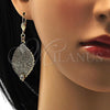 Oro Laminado Dangle Earring, Gold Filled Style Leaf and Filigree Design, with White Crystal, Diamond Cutting Finish, Golden Finish, 68.004