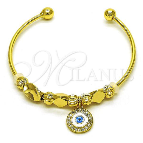 Oro Laminado Individual Bangle, Gold Filled Style Evil Eye Design, with White Micro Pave, Diamond Cutting Finish, Golden Finish, 07.299.0003