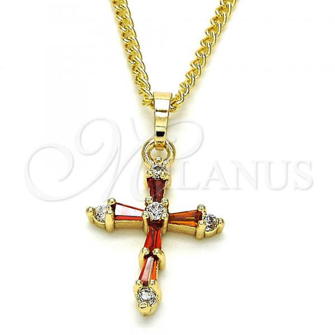 Oro Laminado Pendant Necklace, Gold Filled Style Cross Design, with Garnet and White Cubic Zirconia, Polished, Golden Finish, 04.284.0009.1.22
