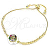 Oro Laminado Adjustable Bolo Bracelet, Gold Filled Style Cross Design, with Green and Multicolor Cubic Zirconia, Polished, Golden Finish, 03.63.2105.1.10