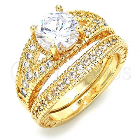 Oro Laminado Wedding Ring, Gold Filled Style Duo Design, with White Cubic Zirconia, Polished, Golden Finish, 01.284.0020.07 (Size 7)