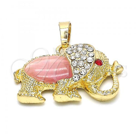 Oro Laminado Fancy Pendant, Gold Filled Style Elephant Design, with Garnet and White Crystal, Polished, Golden Finish, 05.213.0042