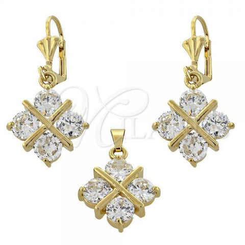 Oro Laminado Earring and Pendant Adult Set, Gold Filled Style with White Cubic Zirconia, Golden Finish, 10.63.0322