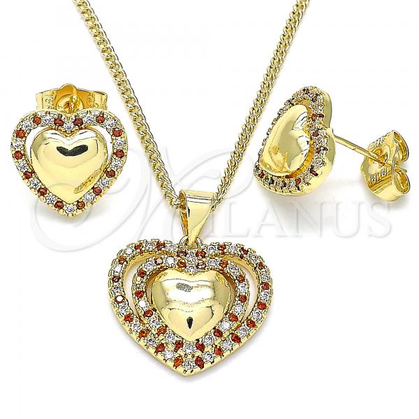 Oro Laminado Earring and Pendant Adult Set, Gold Filled Style Heart Design, with Garnet and White Micro Pave, Polished, Golden Finish, 10.156.0321.1