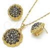 Oro Laminado Earring and Pendant Adult Set, Gold Filled Style Flower Design, with Black Crystal, Polished, Golden Finish, 10.273.0027