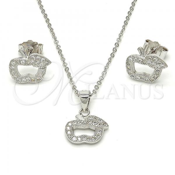 Sterling Silver Earring and Pendant Adult Set, Apple Design, with White Micro Pave, Polished, Rhodium Finish, 10.174.0259